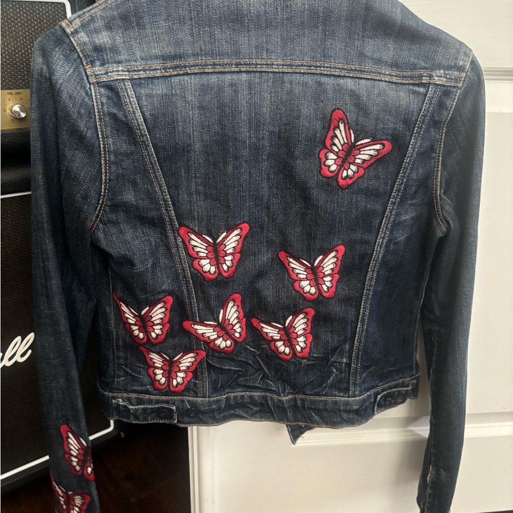 7 For All Mankind Blue Jean Jacket with Red Butterfly Accents